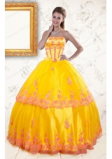 2015 Elegant Strapless Gold Quinceanera Dresses with Appliques