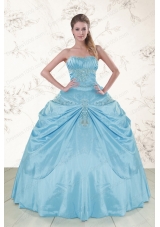 2015 Fashionable Aqua Blue Strapless Sweet 15 Dress with Appliques