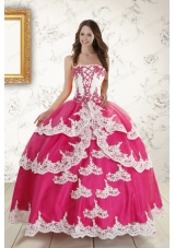2015 Hot Pink Strapless Quinceanera Dresses with Appliques