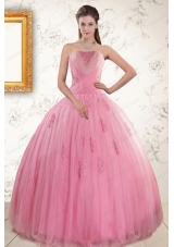 2015 Pretty Pink Quinceaneras Dresses with Appliques and Beading