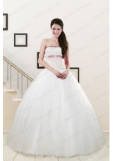 Cheap Discount Strapless Appliques and Belt Quinceanera Dresses in White