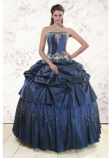 In Stock Embroidery and Pick Ups Cheap Quinceanera Dress in Navy Blue