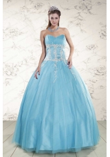 2015 Cheap Aqua Blue Quinceanera Dresses with Beading and Appliques