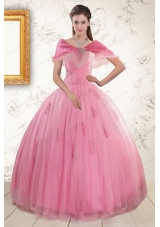 2015 Cheap Pink Quinceaneras Dresses with Appliques and Beading