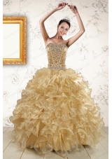 2015 Cheap Ruffles and Beaded Quinceanera Dresses in  Champange