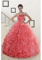 2015 Cheap Watermelon Red Sweet 15 Dress with Beading