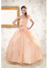 2015 Fashionable One Shoulder Appliques Quinceanera Dress in Peach