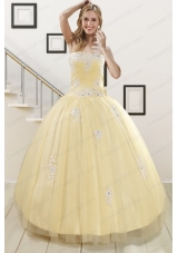 Cheap Light Yellow Sweet 16 Dresses with White Appliques