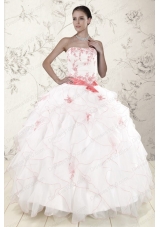 Cheap White Quinceanera Dresses with Pink Appliques and Ruffles
