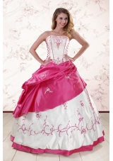 Fashionable Embroidery Sweet 15 Dresses in White and Hot Pink