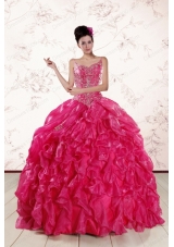 Most Popular Spaghetti Straps Beading  Quinceanera Gowns in Hot Pink