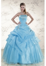 Pretty Aqua Blue 2015 Cheap Strapless Quinceanera Dresses with Beading