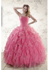 2015 New Style Beading Quinceanera Dresses in Rose Pink