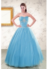 2015 New Style Strapless Beaded Quinceanera Dresses in Aqua Blue