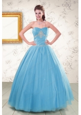 2015 New Style Strapless Beaded Quinceanera Dresses in Aqua Blue