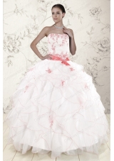 New Style White Quinceanera Dresses with Pink Appliques and Ruffles