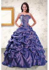 Most Popular Beaded and Pick ups Purple Quinceanera Gowns with Brush Train