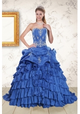 most popular Royal Blue Appliques and Pick Ups Quinceanera Gowns with Brush Train