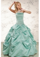 Most Popular Turquoise  Quinceanera Gowns with Appliques and Pick Ups