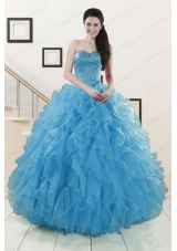 fashionable Beaded Quinceanera Dresses Ruffled in Blue