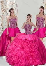 2015 Beautiful and Detachable Hot Pink Sweet 15 Dresses with Beading and Ruffles