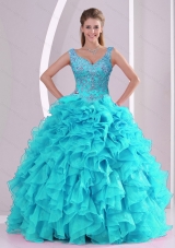 Designer Beading and Ruffles Quinceanera Dresses in Aqua Blue