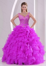 Fashionable Fuchsia Quince Dresses with Beading and Ruffles