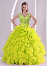 Trendy Beading and Ruffles Yellow Green Vestidos de Quinceanera Dresses for 2015