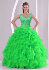 Wonderful Beading and Ruffles Spring Green Vestidos de Quinceanera Dresses