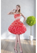 2015 Fashionable Strapless Watermelon Red Prom Dresses With Appliques and Ruffles