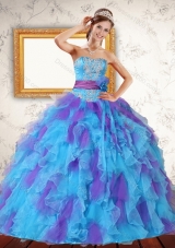 Trendy Ruffles and Sash Strapless Quinceanera Dress in Multi Color for 2015