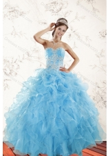 2015 Elegant Baby Blue Quince Dresses with Appliques and Ruffles