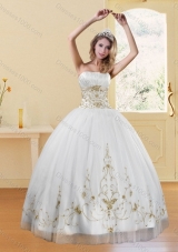 2015 New Style Strapless Embroidery White and Gold Dresses for Quinceanera
