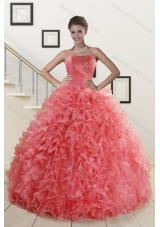 2015 Popular Watermelon Red Quince Dresses with Beading and Ruffles