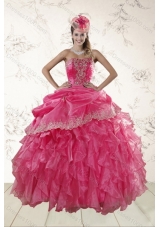 Beautiful Ruffles and Appliques Quince Dresses in Hot Pink