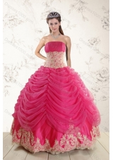 Fashionable 2015 Strapless Hot Pink Quinceanera Dresses with Beading and Lace