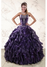 Purple Sweetheart Floor Length Quince Gowns Embroidery and Ruffles