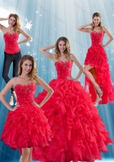 Detachable Red Strapless Quinceanera Dress with Ruffles and Beading