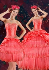 Detachable Strapless Quinceanera Dresses with Beading and Pick Ups in Coral Red