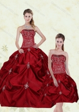 Detachable Wine Red Strapless Quinceanera Gown with Embroidery and Pick Ups