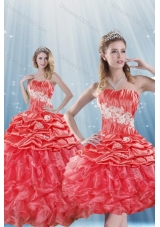 Romantic Watermelon Red Quince Dresses with Appliques and Ruffles