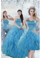 2015 Detachable Baby Blue Quince Dresses with Beading and Ruffles