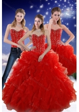 2015 Detachable Red Sweetheart Quince Dresses with Beading and Ruffles