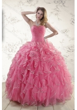 2015 Fashionable Rose Pink Quince Dresses with Paillette and Ruffles