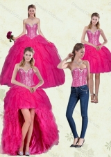 Detachable Hot Pink Sweetheart Dress for Quince with Ruffles and Beading
