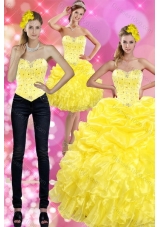 Detachable Yellow 2015 Quince Dresses with Beading and Ruffles