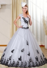 Cheap One Shoulder White and Black Quinceanera Dress with  Appliques for 2015