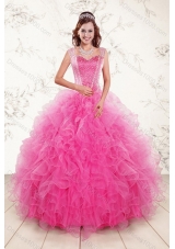 Popular 2015 Sweetheart Hot Pink Quince Gown with Beading and Ruffles