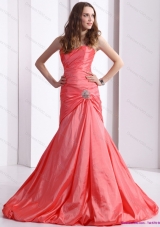 Affordable Ruching and Beading Prom Dress with Brush Train