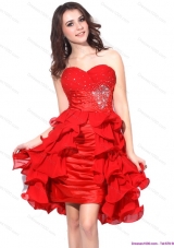 2015 Red Ruching Sweetheart Prom Dresses with Beading and Ruffles